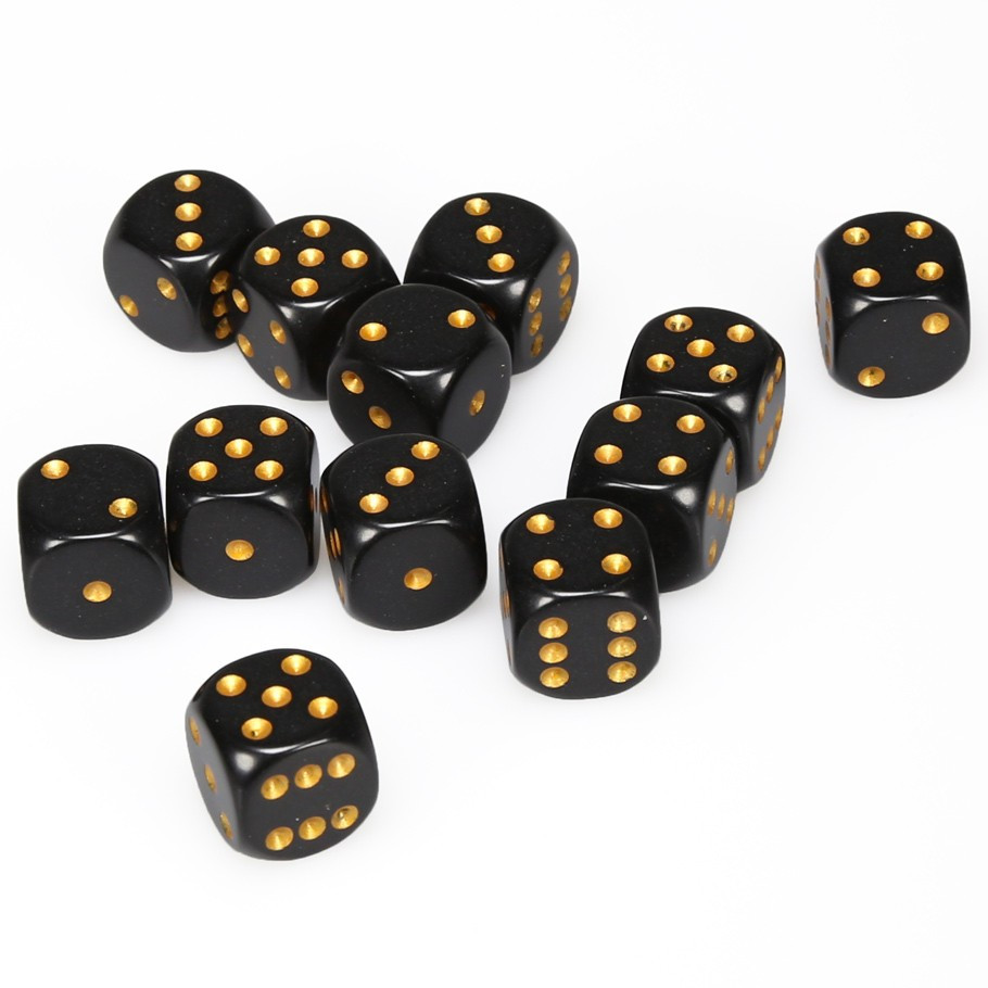 Dice - CHX 25628 - Chessex Opaque 16mm d6 Dice Block (12ct.) - Black/Gold