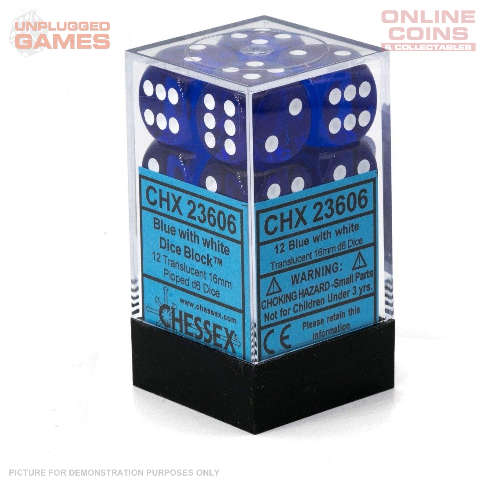 Dice - CHX 23606 - Chessex Translucent 16mm d6 Dice Block (12ct.) - Blue/White