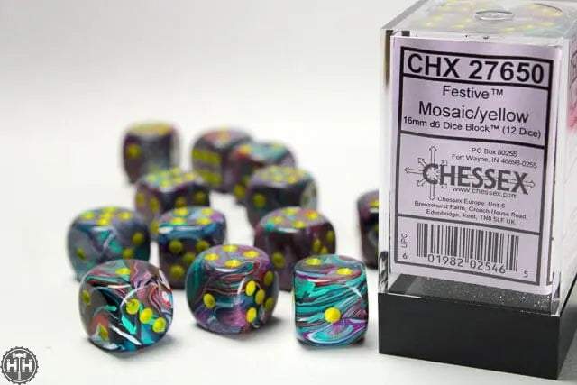 Dice - CHX 27650 - Chessex Festive16mm d6 Dice Block (12ct.) - Mosaic/Yellow