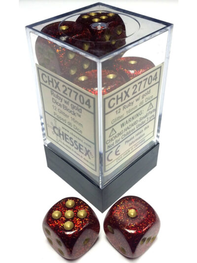 Dice - CHX 27704 - Chessex Glitter 16mm d6 Dice Block (12ct.) - Ruby/Gold