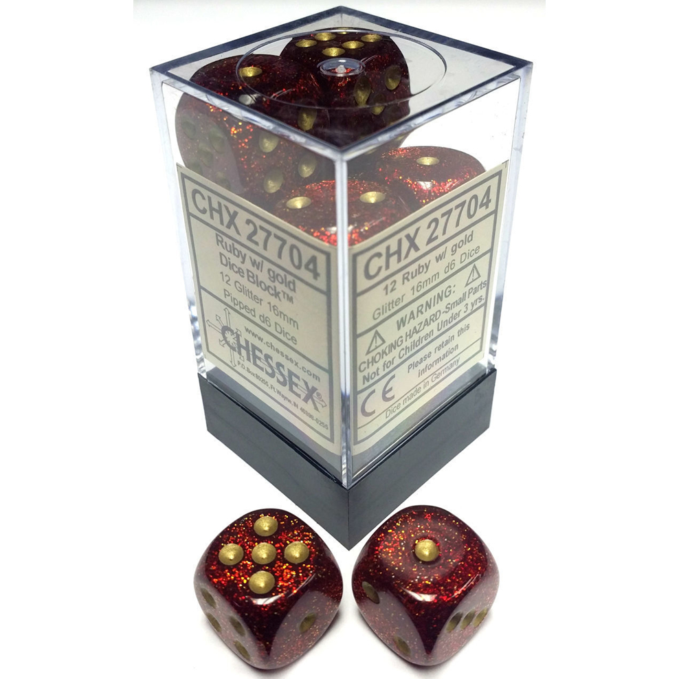 Dice - CHX 27704 - Chessex Glitter 16mm d6 Dice Block (12ct.) - Ruby/Gold